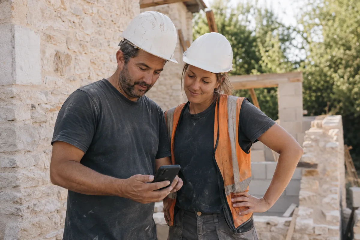Deux collègues casqués consultent un téléphone sur un chantier de rénovation en été.
