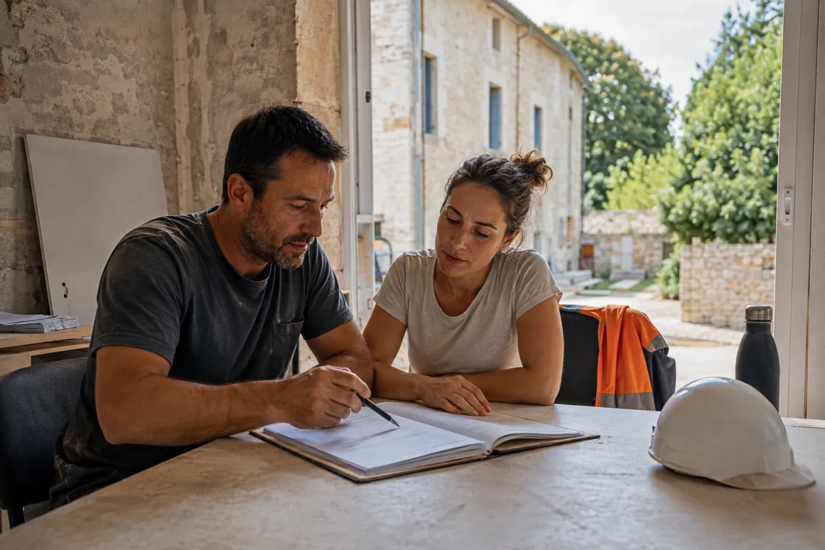 Un artisan et sa collègue examinent un dossier à une table, avec le chantier ensoleillé visible à l'extérieur.